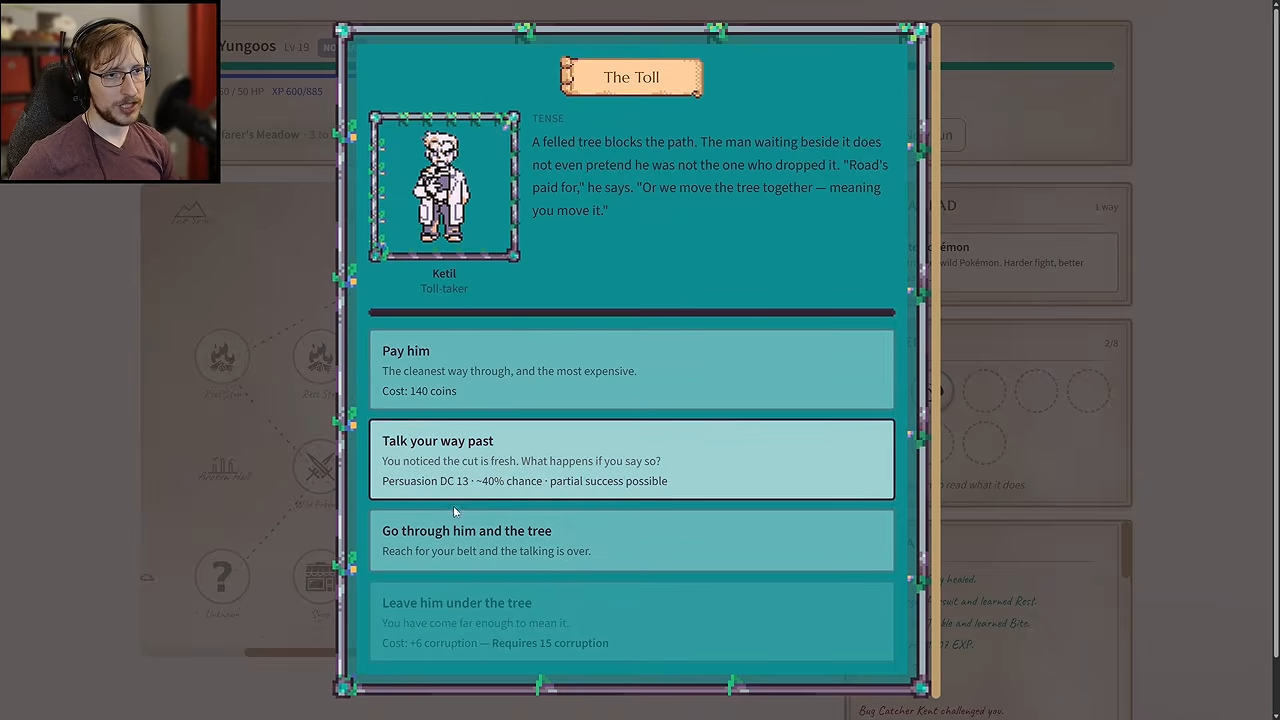 The Toll event displays payment, persuasion and a locked Corruption option