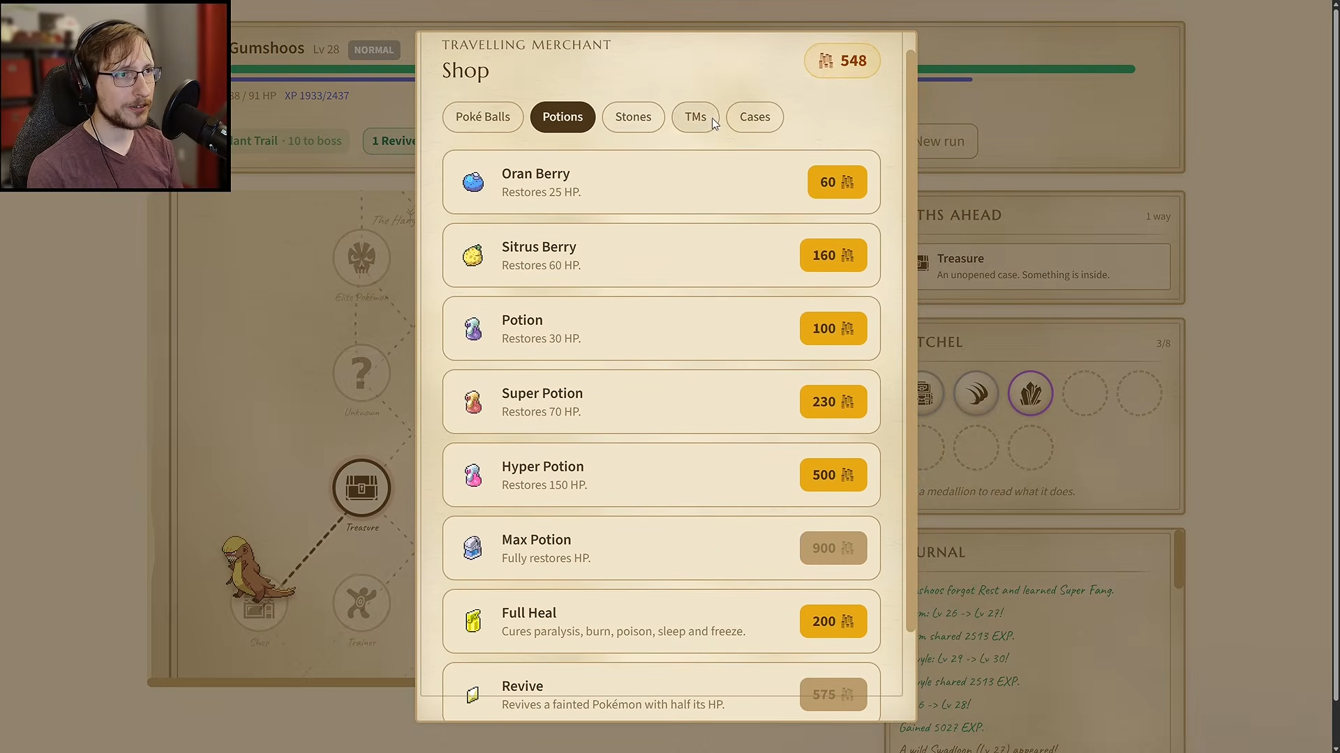 Shop recovery tab lists berries, potions, prices and a Revive description