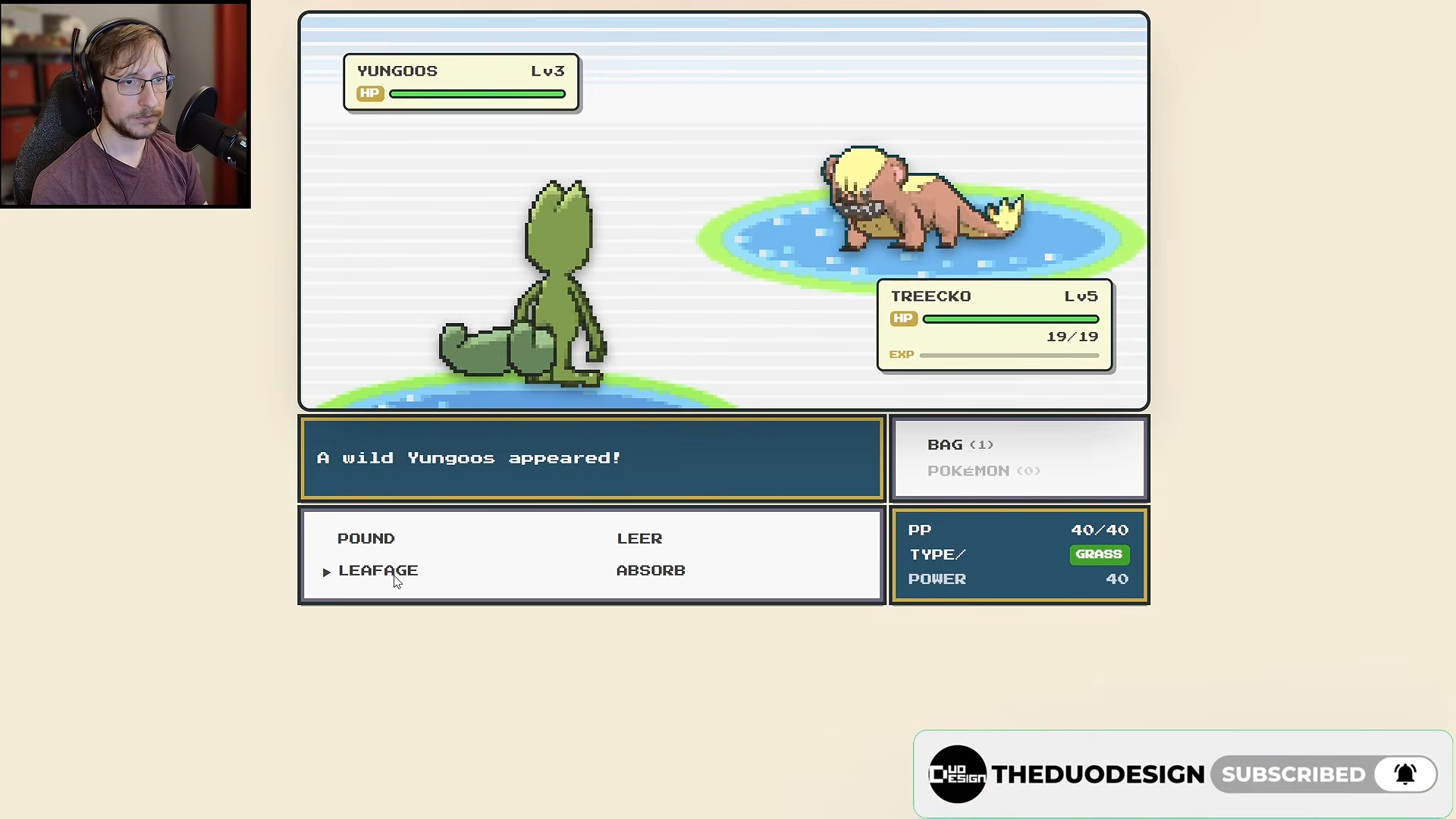 Treecko versus wild Yungoos with the move list, PP, type, power and Bag controls