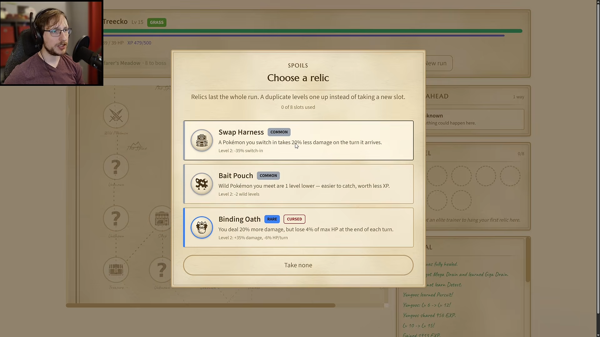 Three relic offers: Swap Harness, Bait Pouch and Binding Oath, including benefits and costs