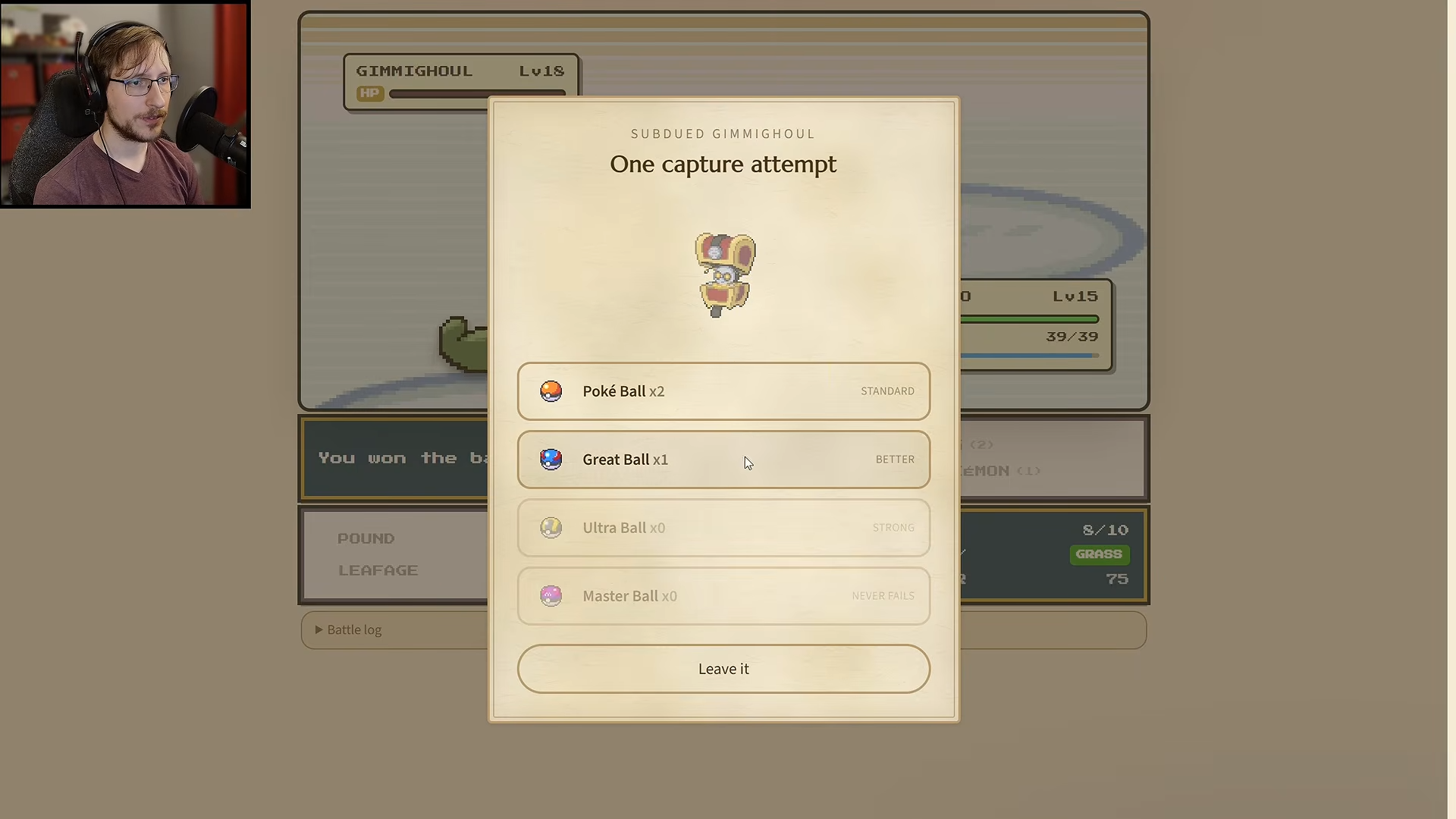 Subdued Gimmighoul capture prompt offers one attempt, ball inventory and leaving