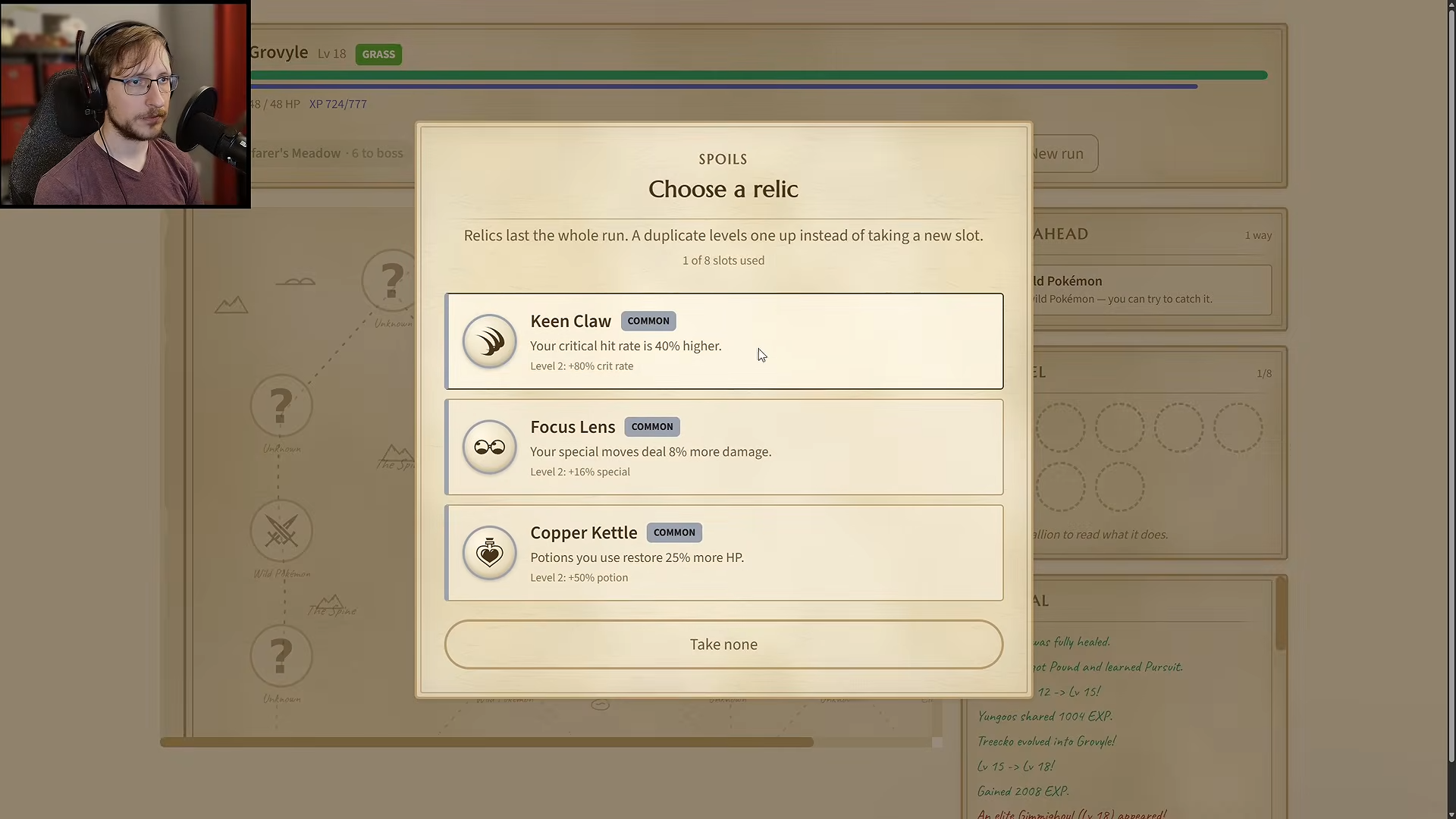 Relic reward and journal show Keen Claw and the completed Treecko to Grovyle evolution