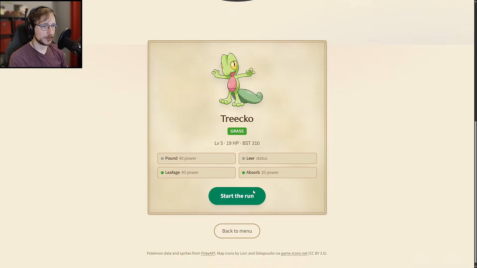 Treecko starter result at level 5 with four moves and Start the run button