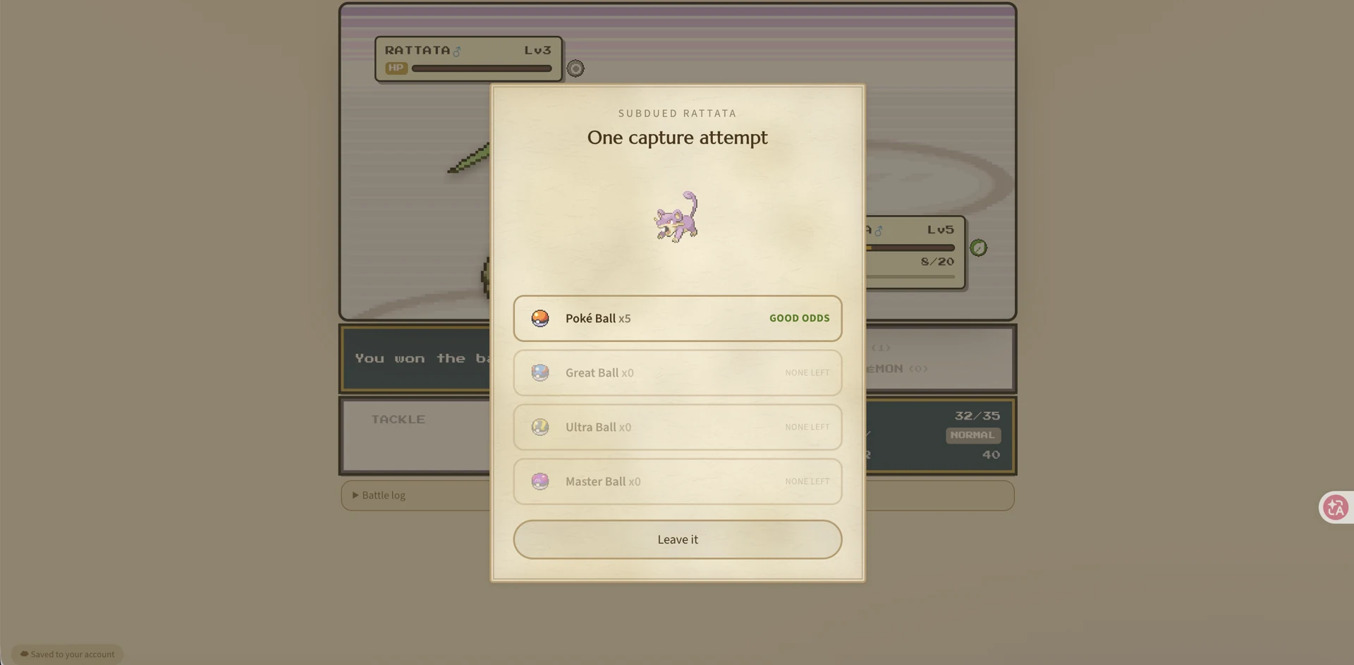 Subdued Rattata with One capture attempt and ball inventory