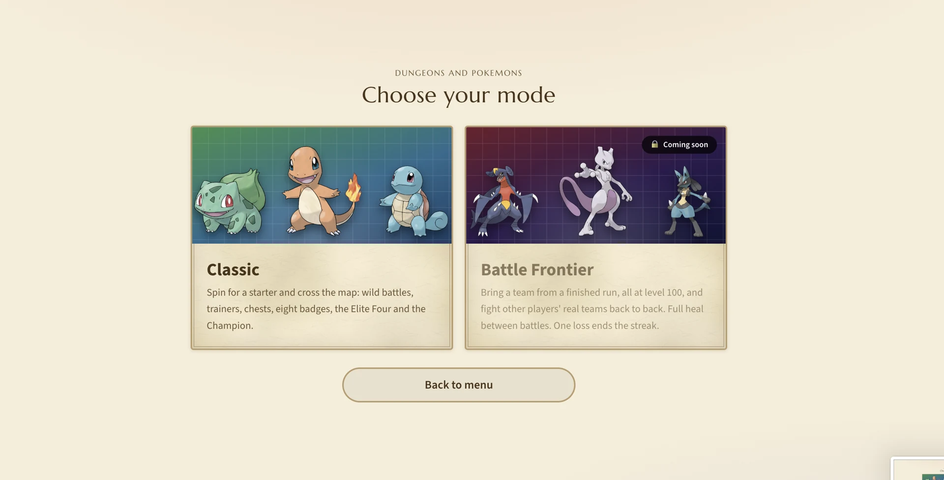 Classic and coming-soon Battle Frontier mode cards