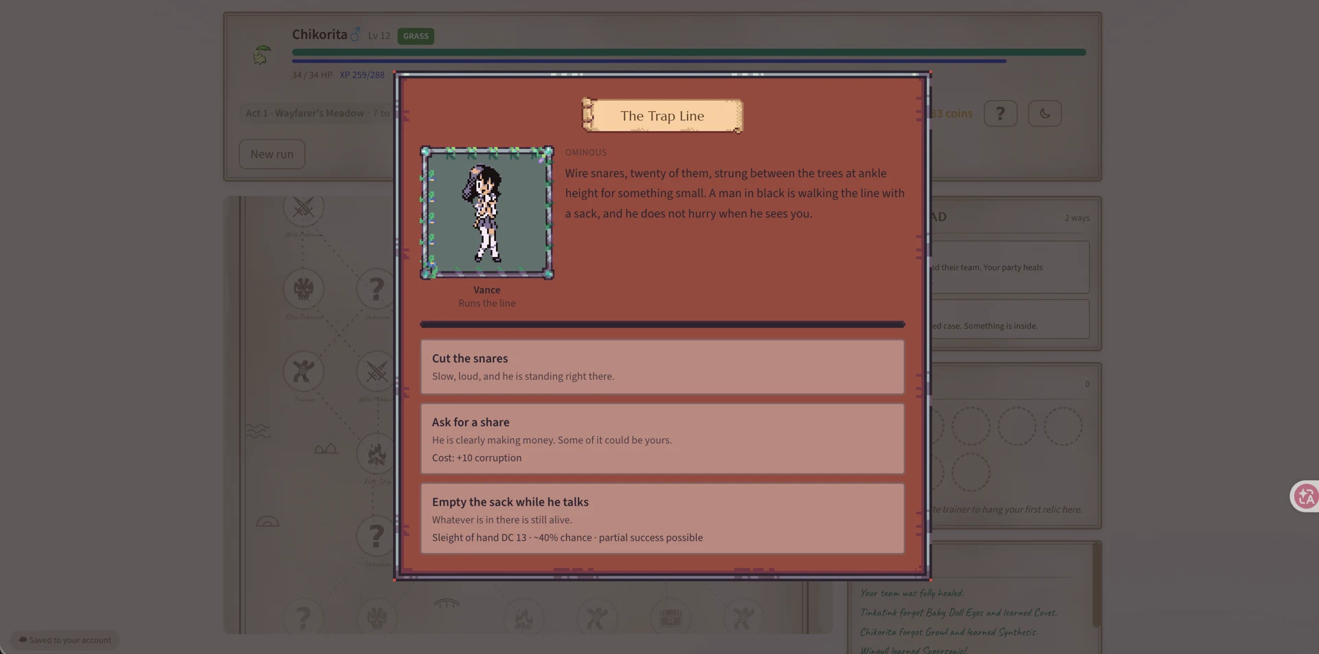 The Trap Line event and three choices