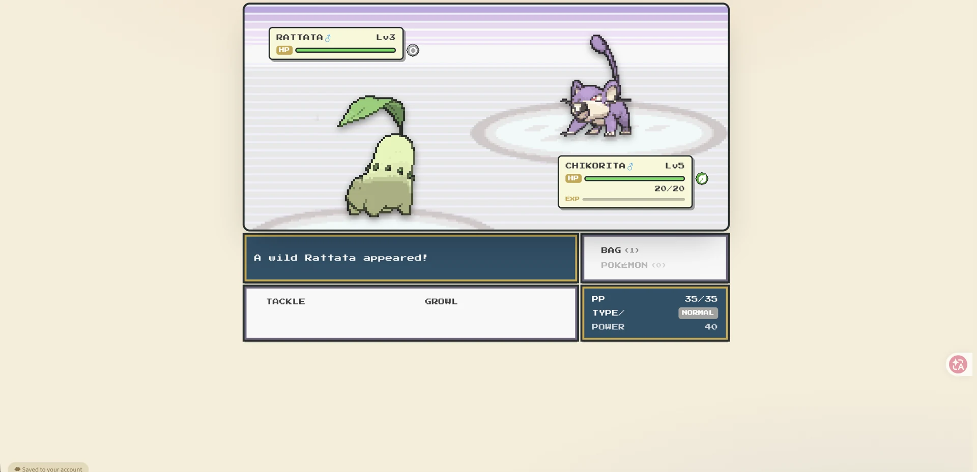 Chikorita facing a wild Rattata with move information